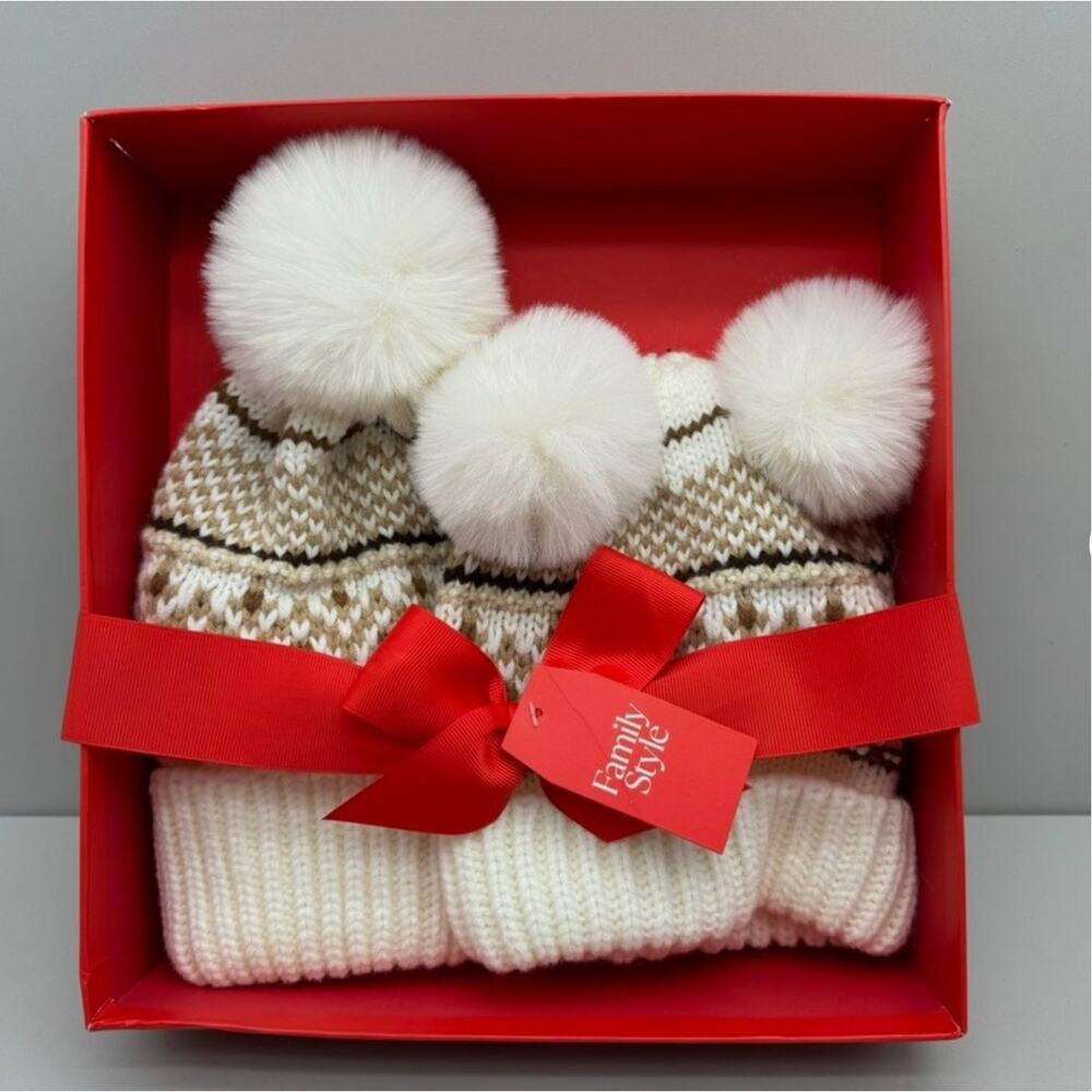 Charter Club Mommy & Me Fair Isle Beanies Set White Neutral Cozy Comfy Festive